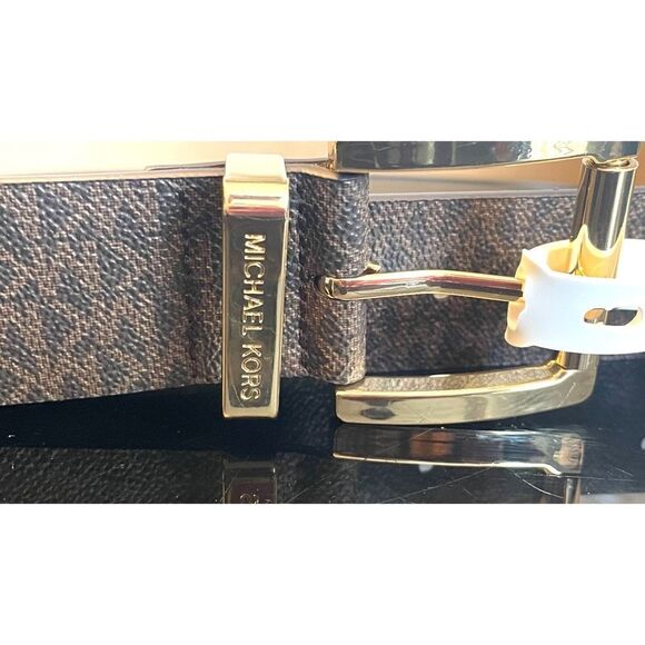 New MICHAEL KORS MK Logo Signature Square Gold Buckle Chocolate Belt Size M - Picture 1 of 6
